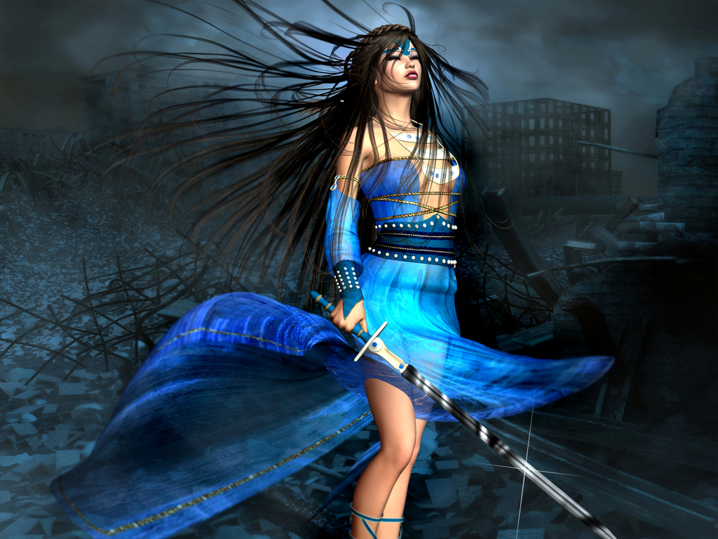 Images Swords Warriors Girls Fantasy 3D Graphics