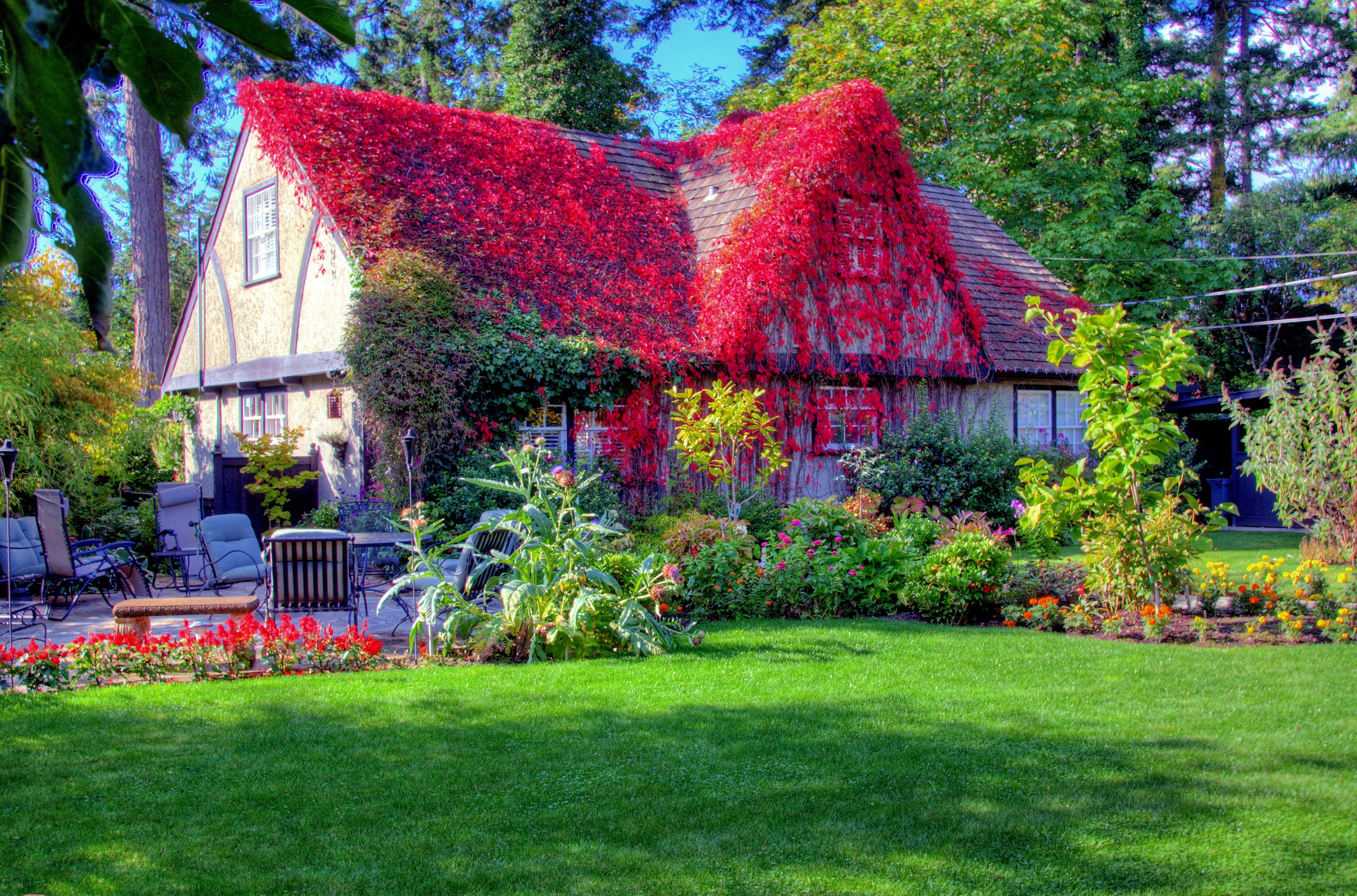 Загородная природа. Сад Каролин Айкен. Канада. Дом в саду. Красивый домик с садом. Домик с цветущим садом.