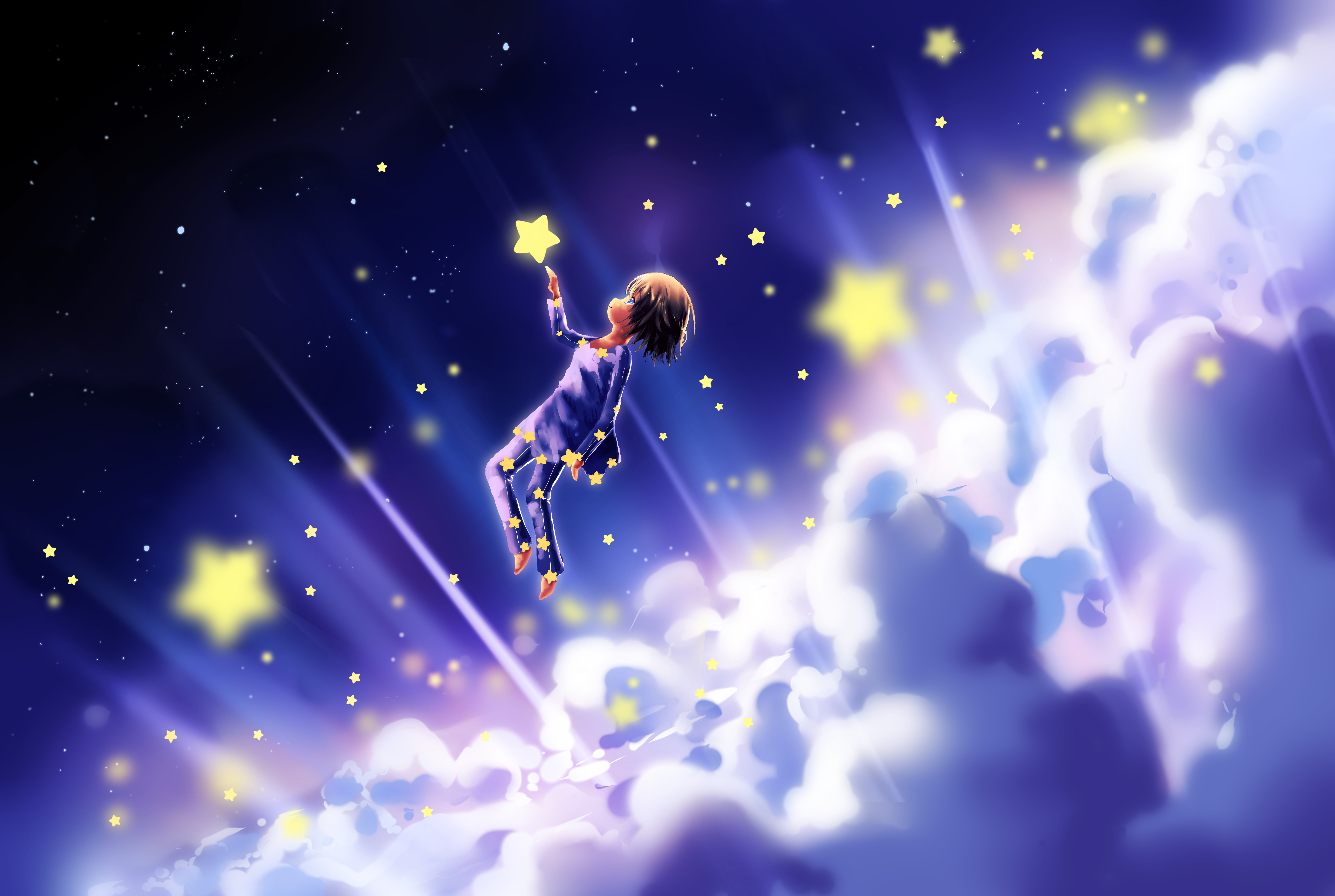 Человек зажигающий звезды. Полет к звездам. Мальчик в космосе. Летающие звезды.