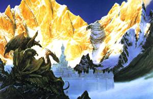 Papel de Parede Desktop John Howe Montanhas Dragões Castelo Fantasia