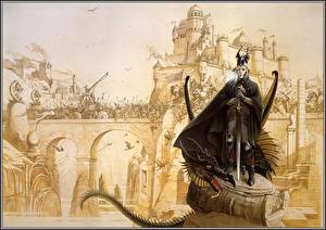 Картинки Воители Замок Волшебные животные Дракон Битвы С мечом Фантастика