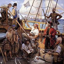 Bureaubladachtergronden Middeleeuwen Mannen Piraten Schip Scheepsdek Fantasy