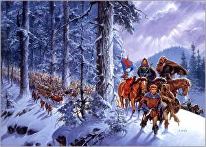 Bureaubladachtergronden Darrell K. Sweet Paard Winter Een boom Sneeuw Fantasy