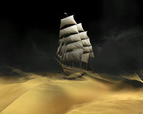Wallpaper Ship Sailing Desert Sand