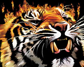 Photo Big cats Tigers Painting Art Teeth Animals
