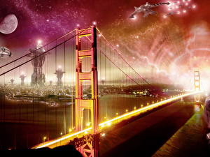 桌面壁纸，，橋，美国，旧金山，加利福尼亚州，The Golden Gate Bridge，城市