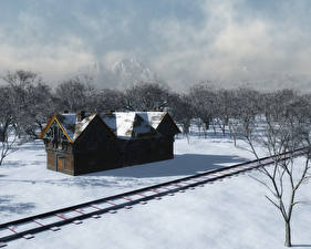 桌面壁纸，，建筑物，鐵路，雪，3D图形，大自然
