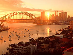 桌面壁纸，，橋，澳大利亚，天空，日出和日落，悉尼，城市