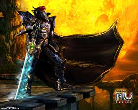 Bakgrundsbilder på skrivbordet MU Online Krigare Mantel dräkt Svärd Rustning spel Fantasy