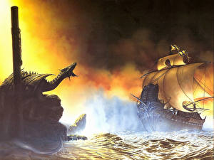Картинка Драконы Корабль Парусные Фэнтези
