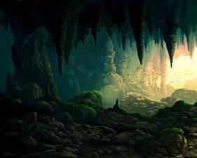 Bureaubladachtergronden Fantastische wereld Een grot Fantasy