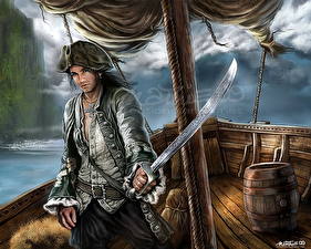 Bureaubladachtergronden Een piraat Een man Sabel Hoed Fantasy