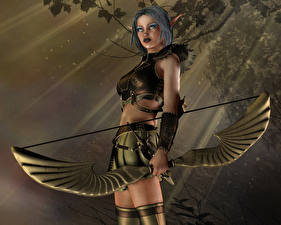 Hintergrundbilder Aphrodite Bogenschütze Elfen Krieger Bogen Waffen 3D-Grafik Fantasy Mädchens