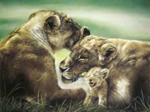 Wallpaper Big cats Lions Painting Art Animals