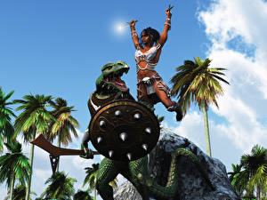 Bakgrundsbilder på skrivbordet Krigare Sköld 3D grafik Fantasy Unga_kvinnor