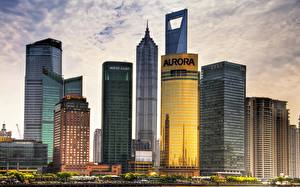 Bureaubladachtergronden Wolkenkrabbers China Shanghai een stad