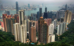 Bureaubladachtergronden Wolkenkrabbers China Hongkong Huizen Metropool Bovenaanzicht een stad