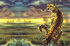 Photo Big cats Cheetahs Painting Art Animals