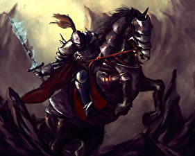 Bakgrundsbilder på skrivbordet Krigare Häst Rustning Svärd Fantasy