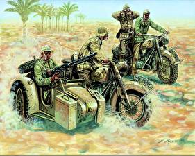 桌面壁纸，，士兵，绘制壁纸，非洲，德語，DAK (Deutsches Afrika Korps) German motorcycles，陆军