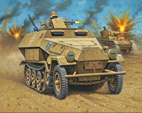 桌面壁纸，，戰車，绘制壁纸，Hanomag Sd.Kfz. 25/11 Ausf.B (DAK)，陆军