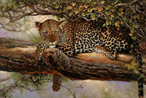 Обои Большие кошки Леопард Рисованные Животные