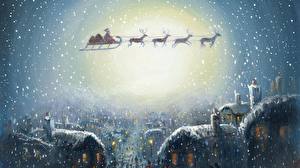 桌面壁纸，，假日，新年，鹿，聖誕老人，飛行，雪橇，