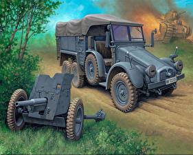 Bureaubladachtergronden Militaire voertuigen Geschilderde Krupp Protze (Kfz.70) & 3,7-cm-Pak Militair