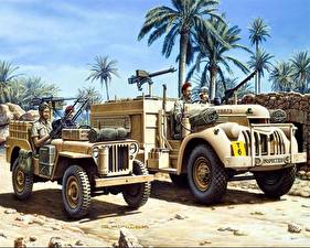 Bureaubladachtergronden Militaire voertuigen Getekende L.R.D.G. 30cwt Chevrolet & Jeep Militair