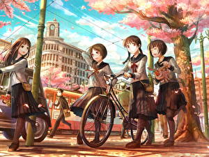 Fonds d'écran Écolières Bicycle Petites filles Anime