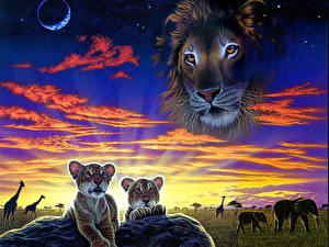 Photo Big cats Lions Painting Art Animals