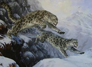 Photo Big cats Painting Art Snow leopards Jump animal