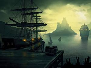 Bureaubladachtergronden Schip Zeilschepen Jachthaven Fantasy