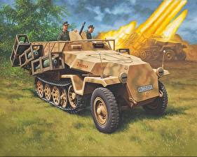デスクトップの壁紙、、戦闘車両、描かれた壁紙、Sd.Kfz. 251/1 Ausf. C + Wurfrahmen、陸軍