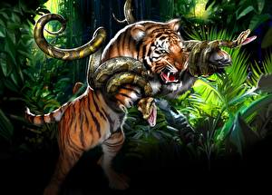 Wallpaper Big cats Snake Tigers Painting Art animal