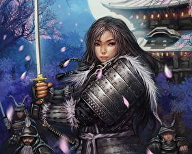 Bakgrunnsbilder Kriger Rustning Sabel Samurai Fantasy Unge_kvinner