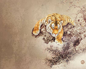 Wallpaper Big cats Tigers Painting Art animal