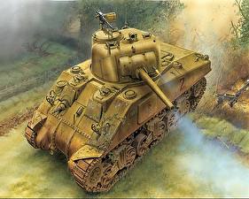 Picture Tank Painting Art M4 Sherman 75mm Army