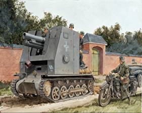 デスクトップの壁紙、、戦闘車両、描かれた壁紙、15cm s.IG.33 (Sf) Pz.Kpfw.I Aus B、陸軍