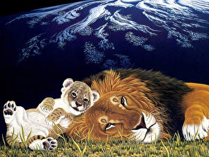 Pictures Big cats Lion Painting Art Animals