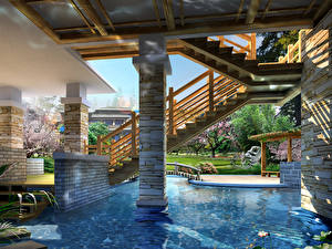 Bureaubladachtergronden Huizen Zwembad Trappen Steden 3D_graphics