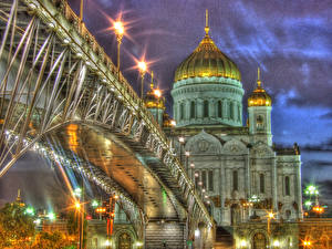 桌面壁纸，，神庙，莫斯科，橋，晚上，圓頂，城市