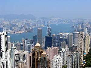 Bureaubladachtergronden China Hongkong Wolkenkrabber Huizen Megalopolis Van bovenaf Steden