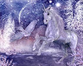 Картинка Волшебные животные Единороги Зимний лес . Волшебный Единорог. Фэнтези
