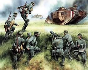 Bureaubladachtergronden Getekende Tanks Soldaten Amiens 1918 German tank buster Militair