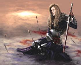 Bilder Krieger Schwert Rüstung Fantasy Mädchens