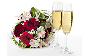 Bakgrundsbilder på skrivbordet Buketter Champagne Vinglas blomma
