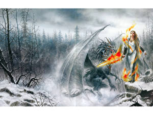 Фото Luis Royo девушка с огненным мечом и дракон Фэнтези