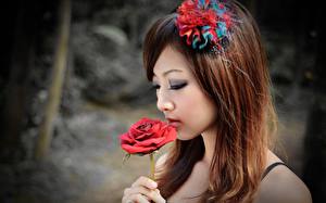 Картинка Азиаты Розы Нюхают молодая женщина