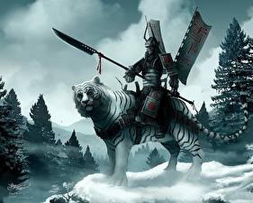 Картинка Воители Копья самурай на огромной белом тигре Фэнтези